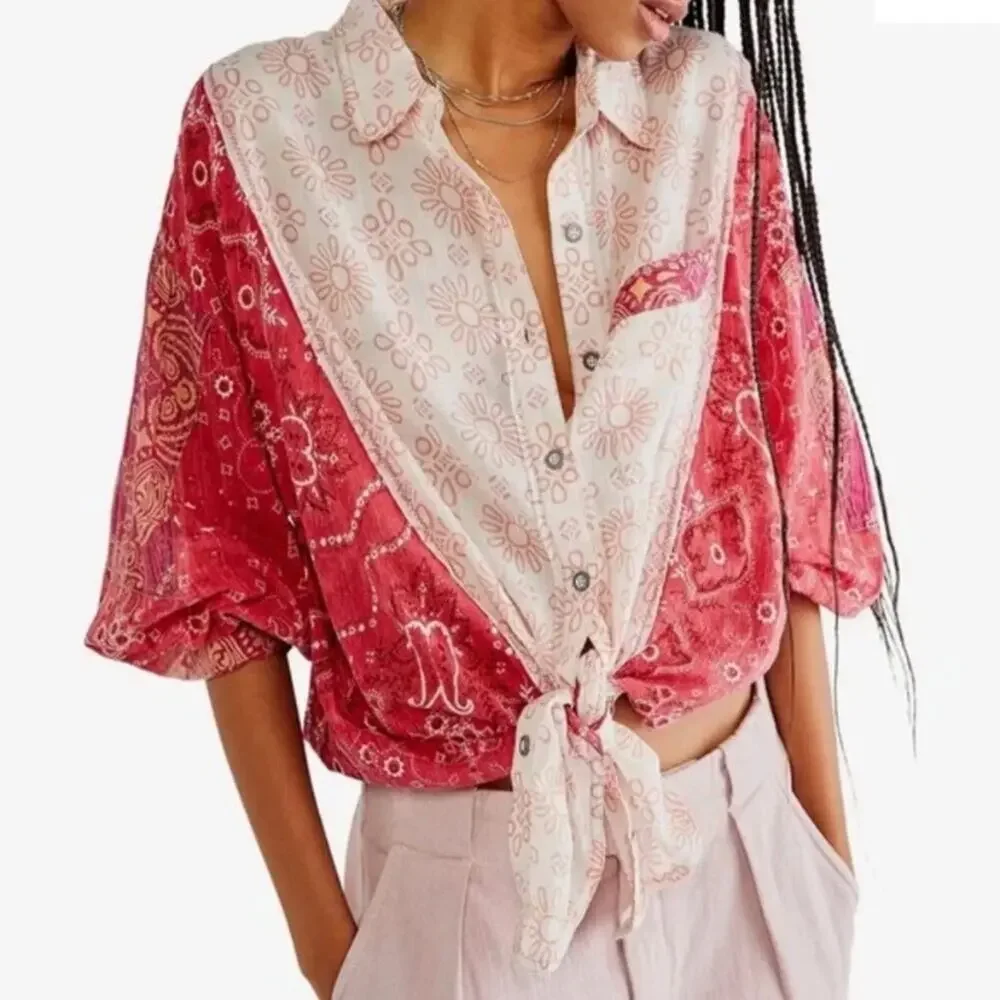 Free People Red and Cream Patchwork Bandana Button-Up Blouse